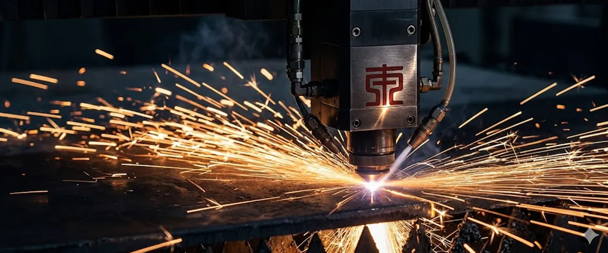 Dongji high-power fiber laser cutting machine precisely cutting sheet metal with golden sparks in dark factory environment