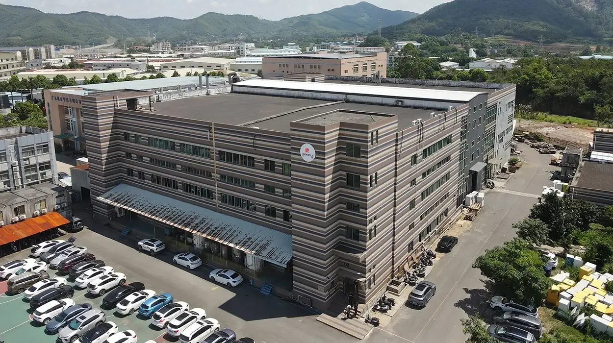Aerial wide-angle view of Dongji Intelligent Equipment 30,000 square meter smart factory in Jiangmen Guangdong China